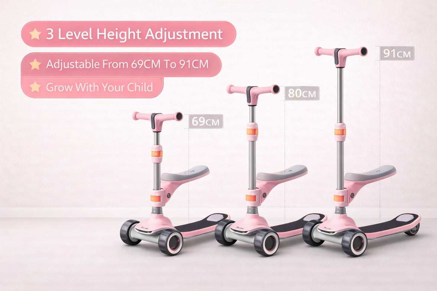 3 in 1 Foldable Kids Scooter with Removable Seat – Adjustable Height, 3 Wheel Balance Scooter (2–8 Years)